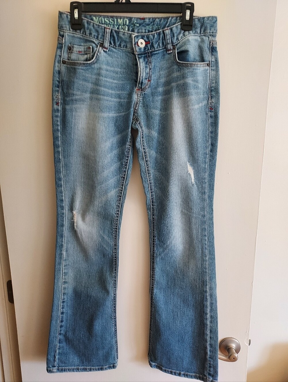 Vintage 90s Mossimo Super-low Bootcut Distressed Jeans.